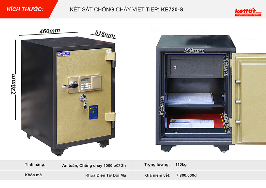 Kích thước mẫu két sắt chống cháy khoá điện tử của Việt Tiệp sản xuất